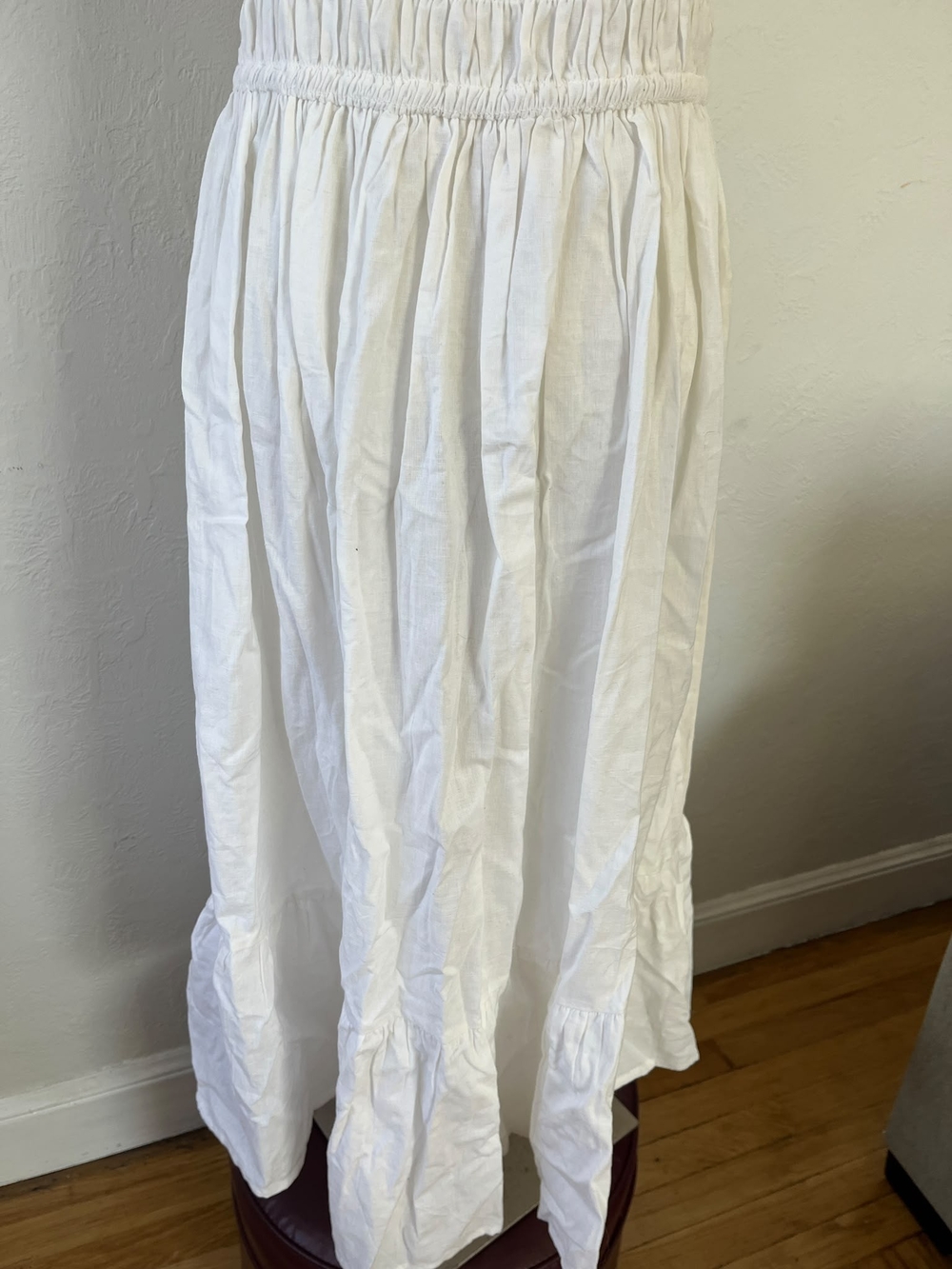 Smocked White Maxi Dress with Ruffle Shoulder Straps - Picture 6 of 7